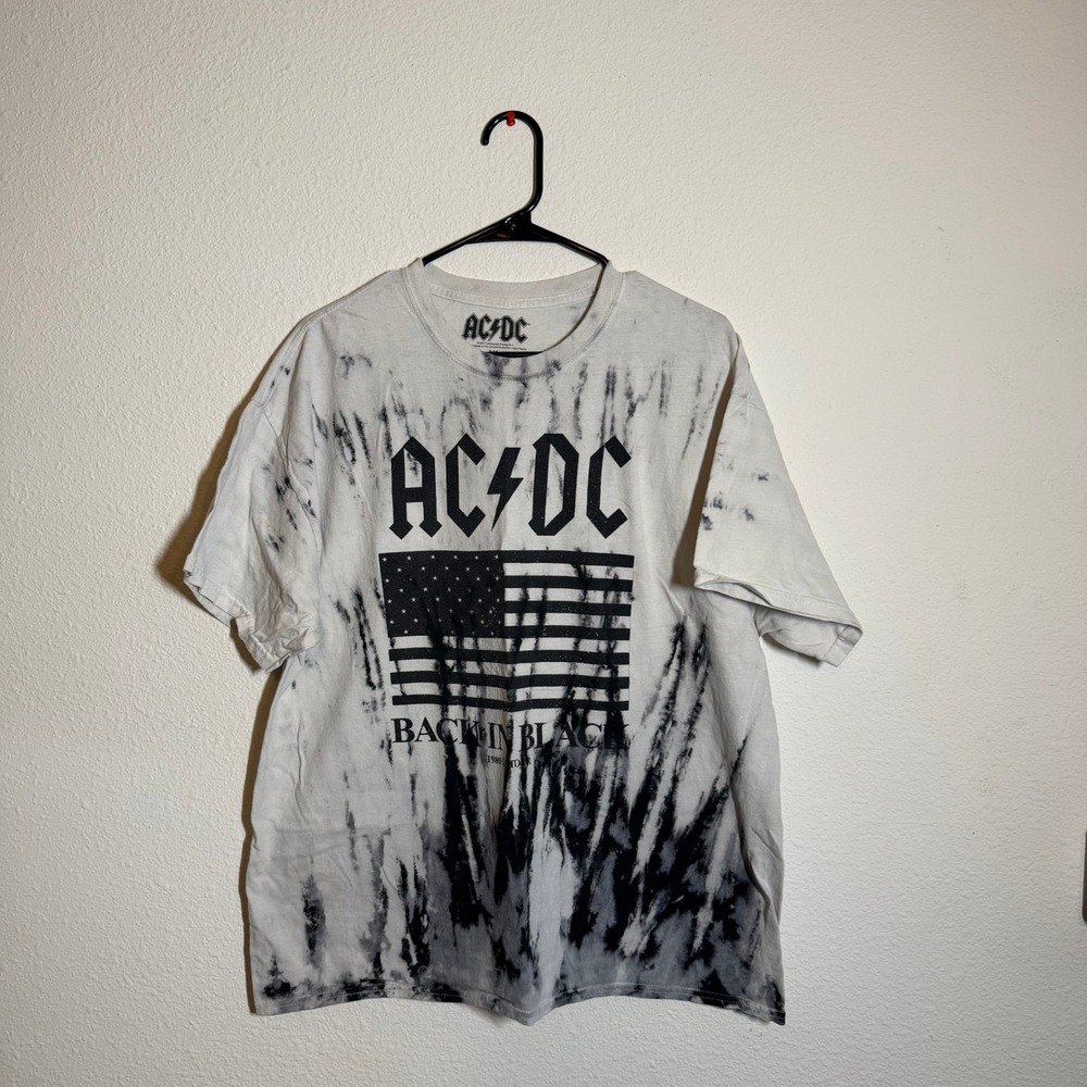 AC/DC Back In Black 1980 Tour Tie Dye Graphic T-Shirt Mens XL White Black